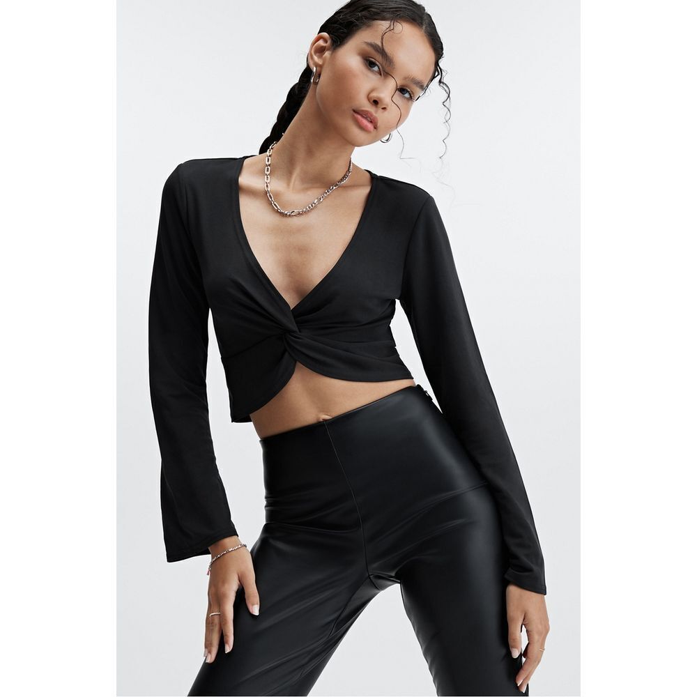 Fabletics Black Long Sleeve‎ Sleek Knit Twist Front Crop Top Sz S
